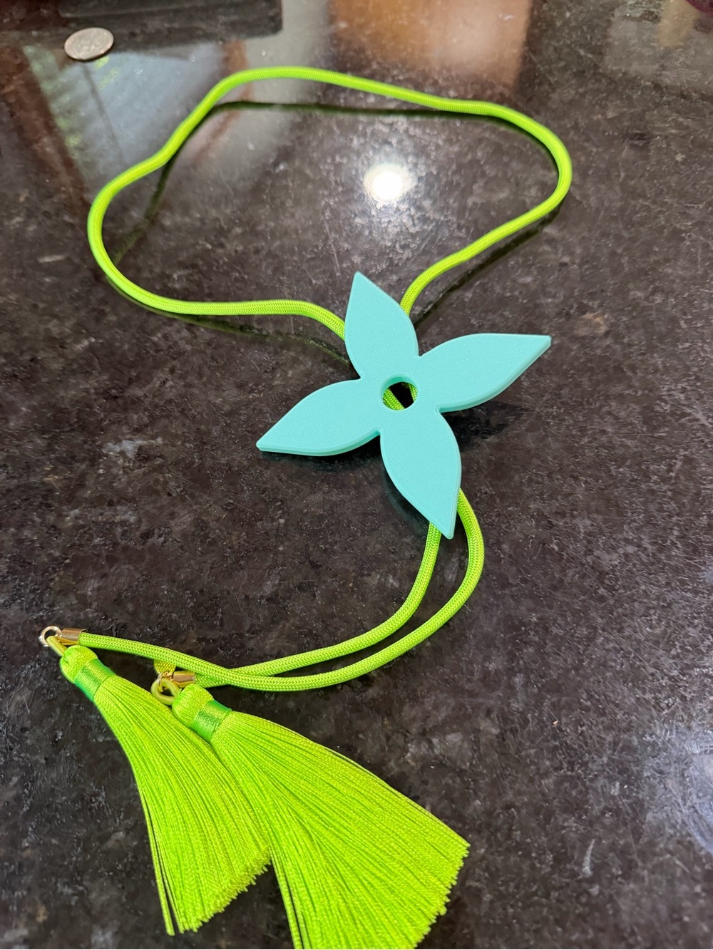 Womens Neon Green Lariat Necklace with Turquoise Flower Accent
